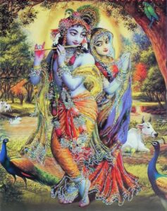 Wallpaper image of Radha Krishna's divine union, full of vibrant colors